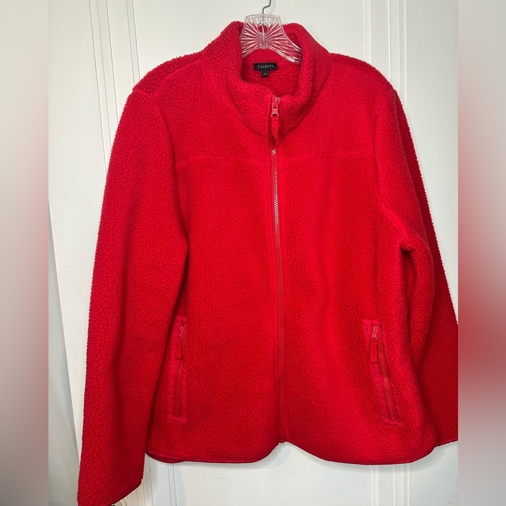 Talbots SHERPA WOVEN TRIM JACKET - SOLID cherry red. Zip up fleece Sz XL winter